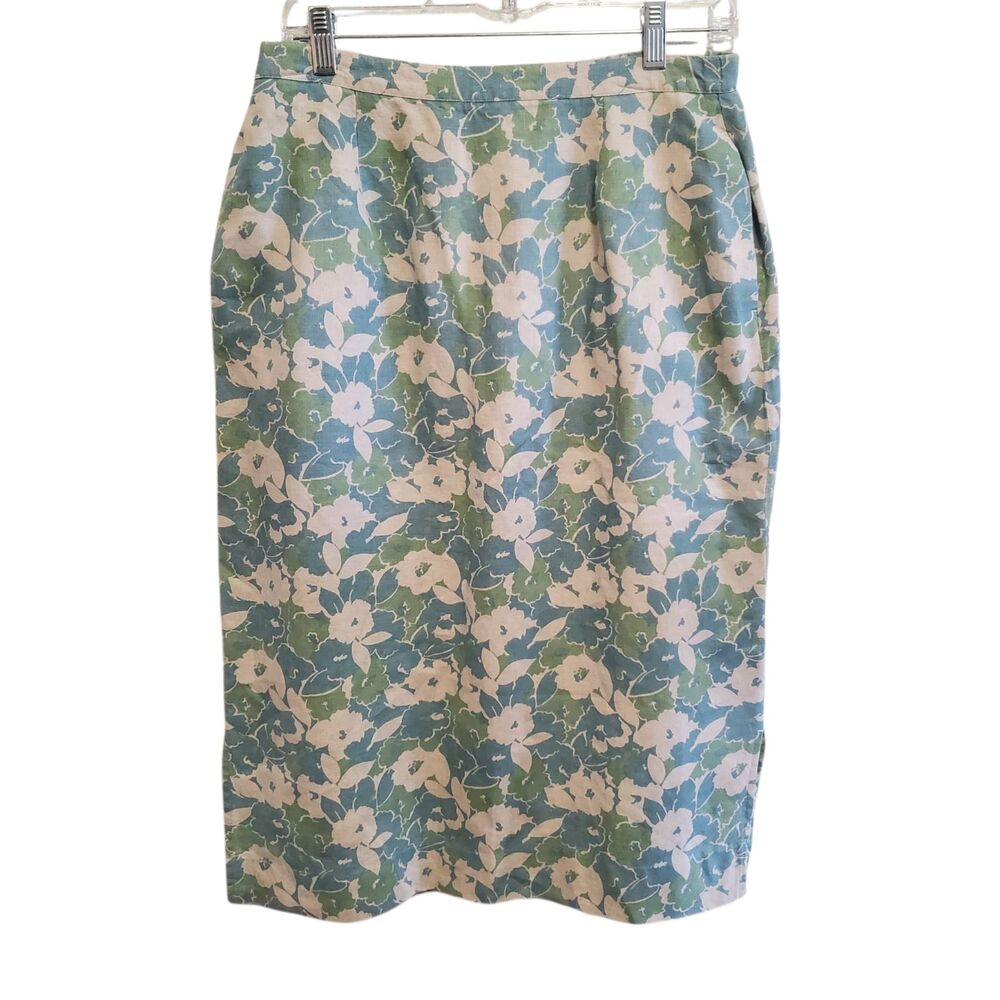 Vintage Pendleton Linen Floral Skirt Blue Green Midi Pencil Classic Preppy Sz 12